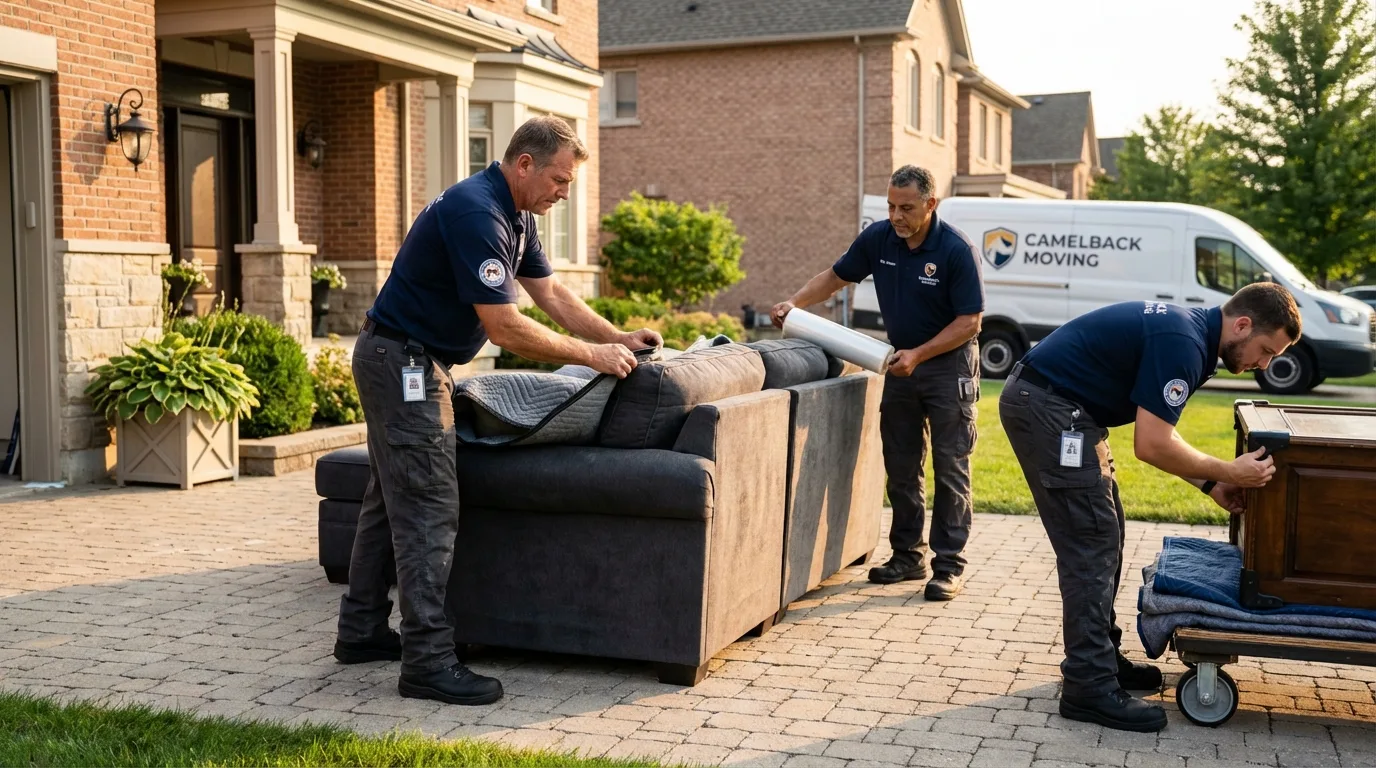 Large estate moving crew wrapping furniture in Angola, NY