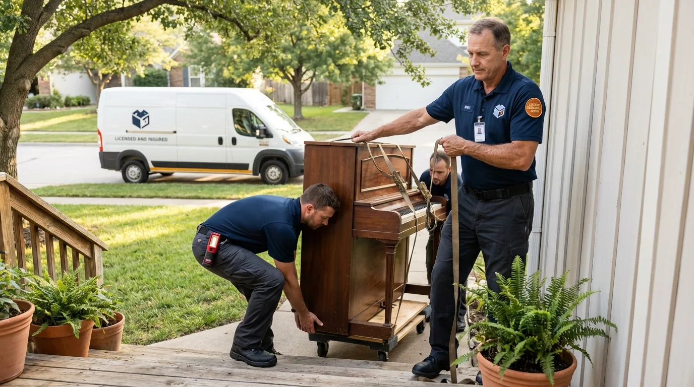 Licensed piano movers securing grand piano in Angola, NY