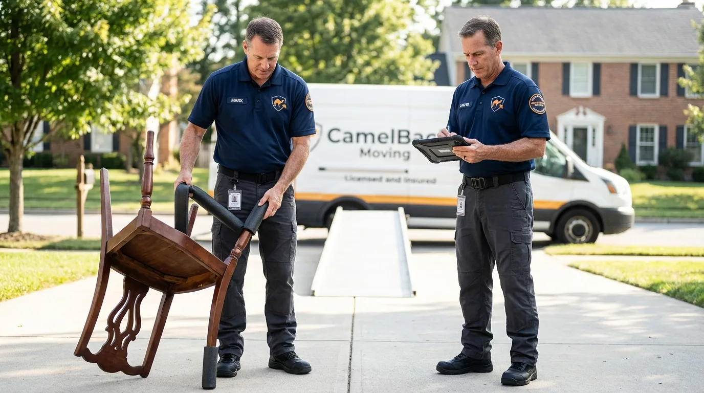Movers inspecting furniture for damage prevention before loading in Angola, NY