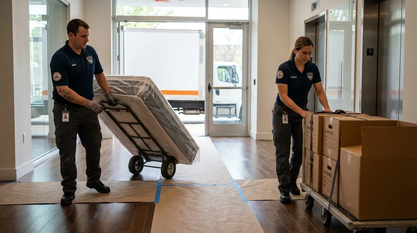 Professional apartment movers loading elevator in Angola, NY