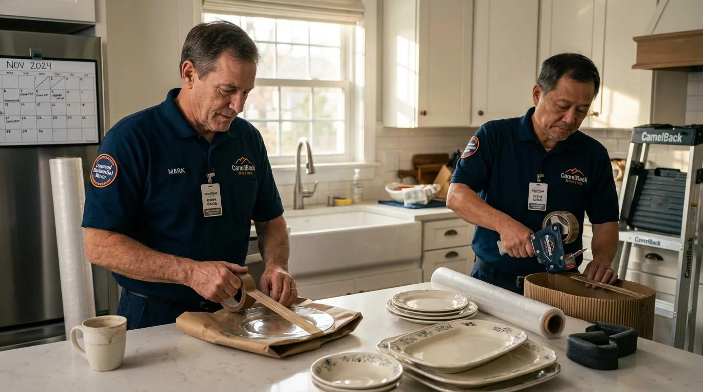 Professional crew packing kitchen dishware in Angola, NY